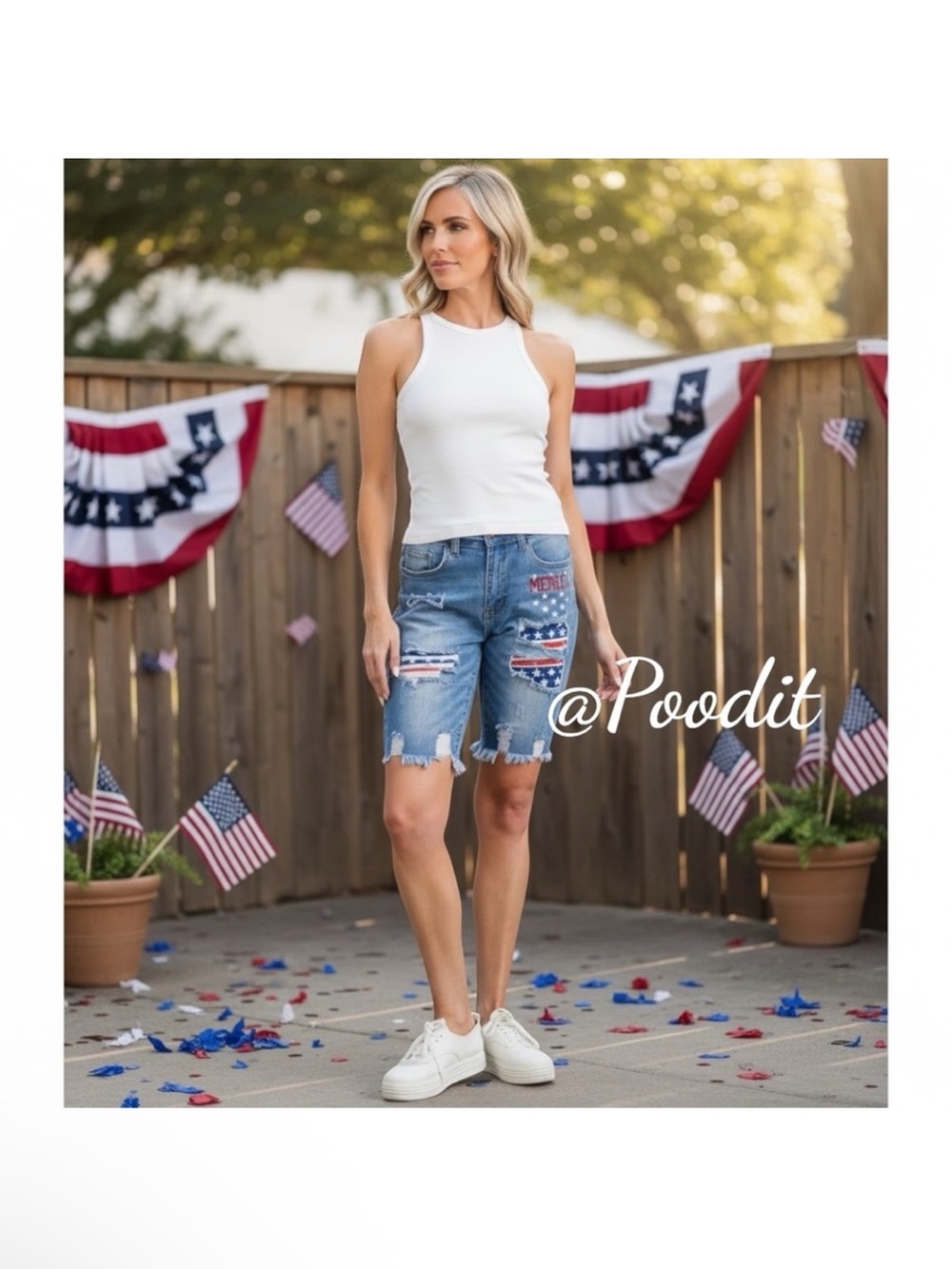 NWOT Tres Chic Women’s Distressed Denim Bermuda Shorts  🇺🇸Flag Patch Sz L 12